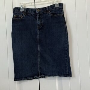 Lauren Ralph Lauren Jean Co Blue Denim Straight Skirt Women's Sz 4 Leather Patch